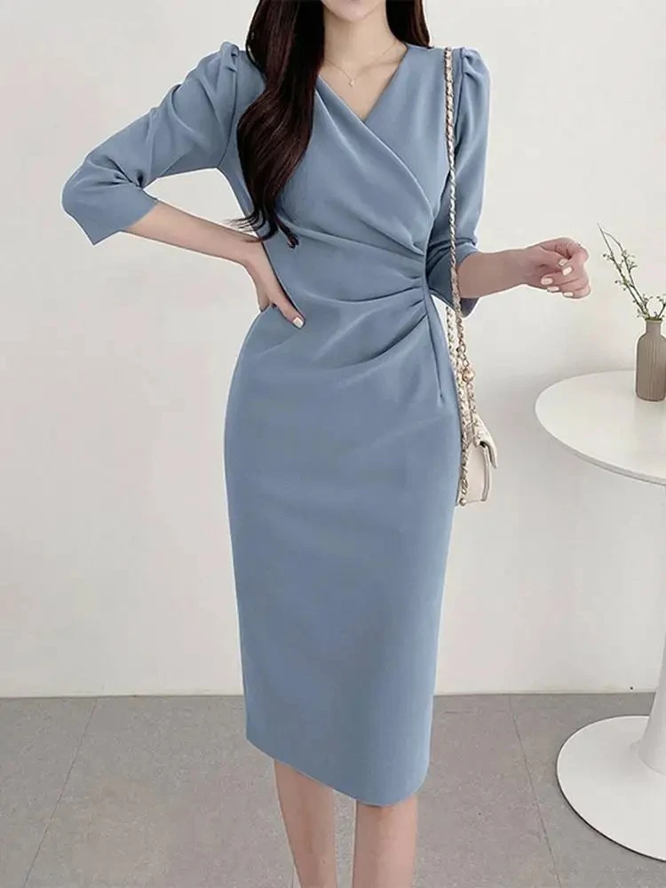 2025 Summer Fashion Women’s Dress - Sexy Solid Color Knee-Length Bodycon Sundress, Elegant 3/4 Sleeve V-Neck Work OL Vestidos