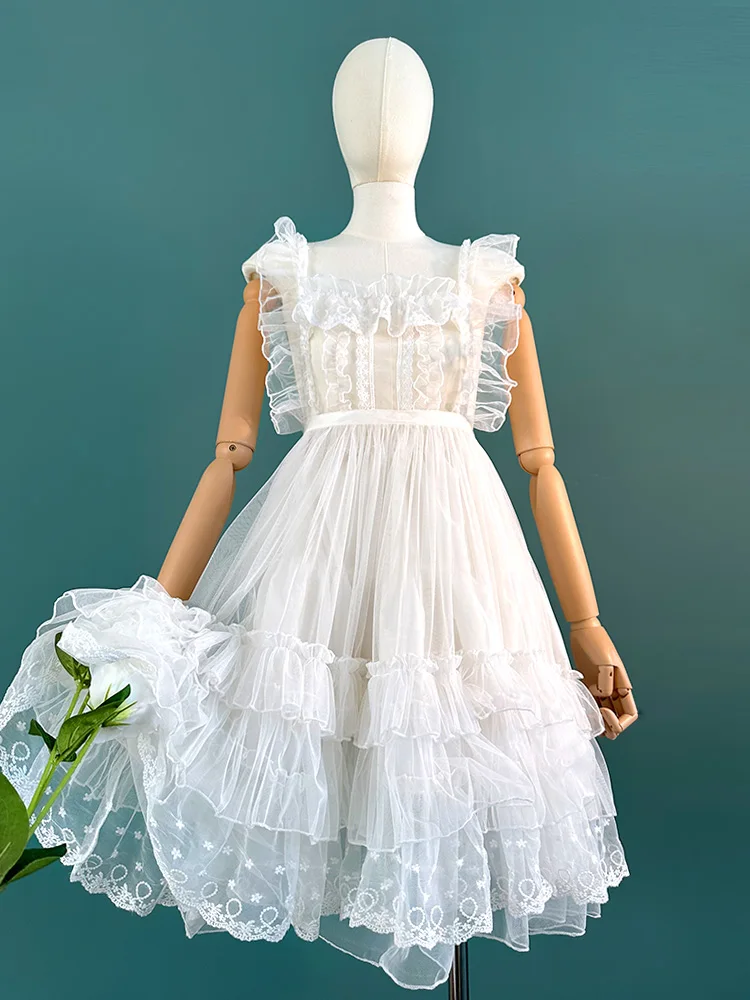 Süße Lolita transparente Spitze Mesh gekräuselt Jsk Kleid Frauen Sommer ärmellose Kawaii schöne Riemen Prinzessin Party A-Linie Kleider