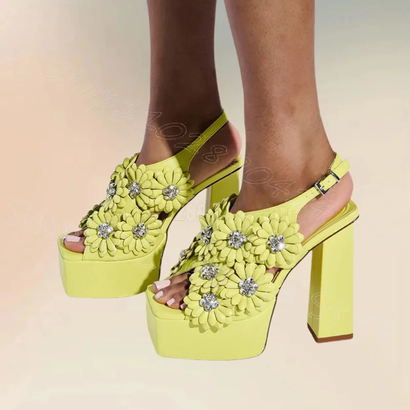 

Green Crystal Flower Open Toe Platform Sandals Buckle Strap Women Shoes Chunky High Heels Party Banquet 2025 Zapatos Para Mujere