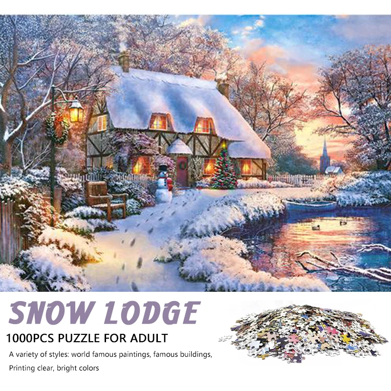 High Quality 70cm*50cm 1000pcs Snow Lodge Jigsaw Puzzle Adult Stress Relief Beautiful Landscape Painting Puzzle Wall Decor