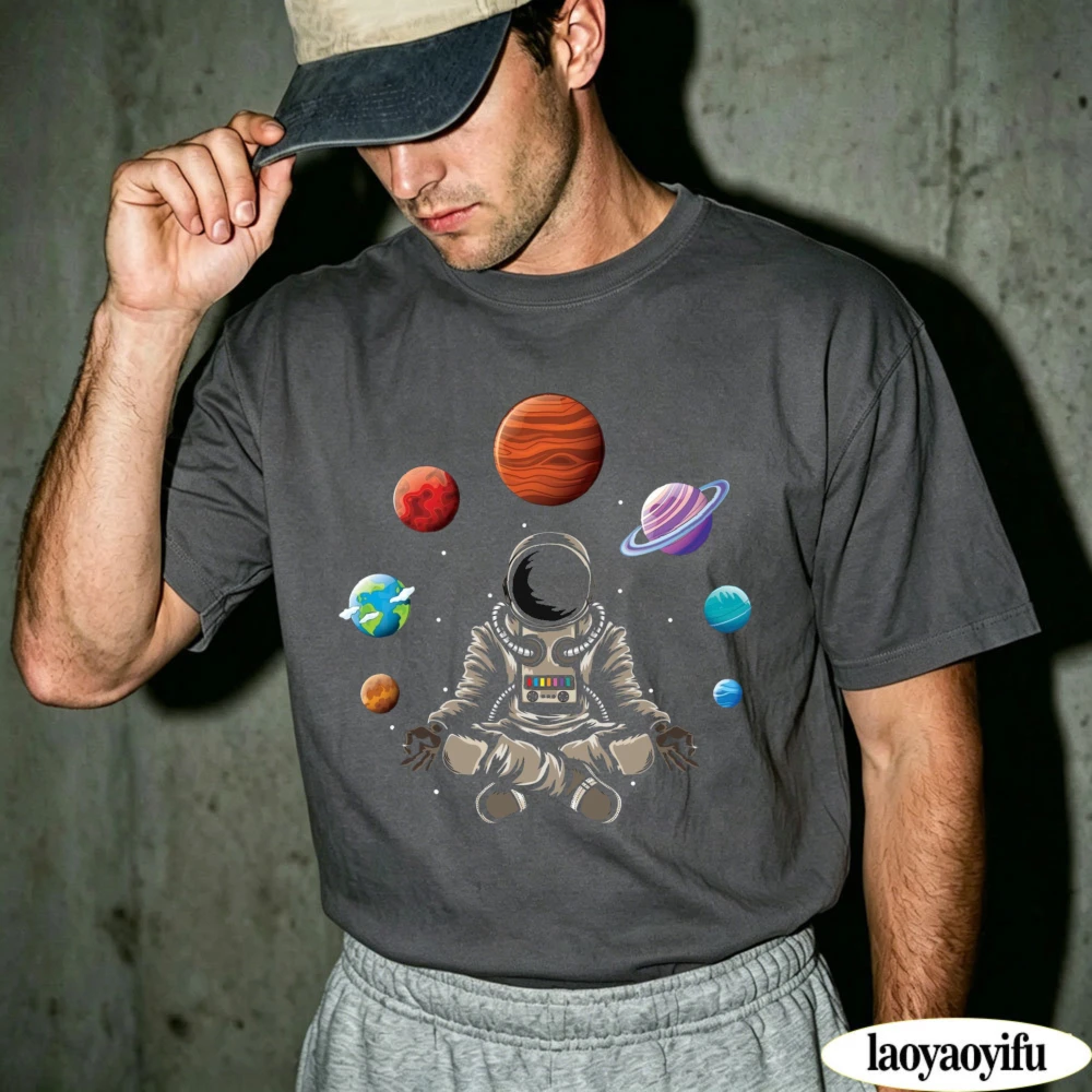 Meditating Astronaut Surrounded Solar System Planets Graphic Tee Men Aesthetic Astronomy Lover Gift Daily Wear T-Shirt