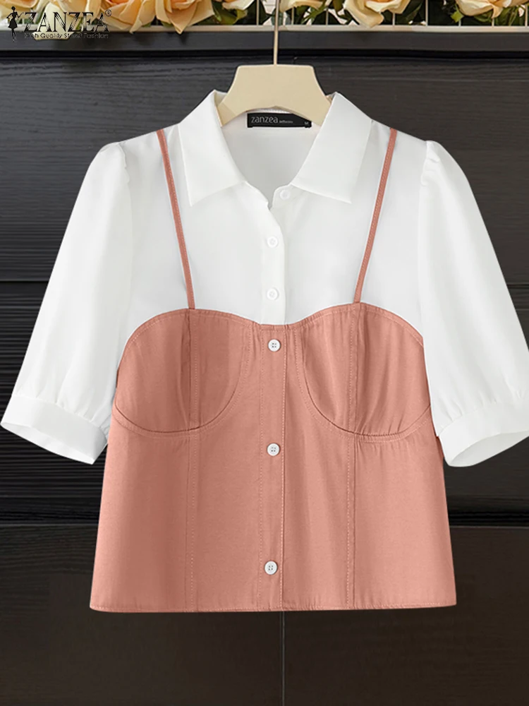 ZANZEA المرقعة قمصان دنيم المرأة بلوزات الصيف فضفاضة غير رسمية 2025 موضة وهمية 2 قطعة Blusas الإناث بدوره إلى أسفل طوق تونك