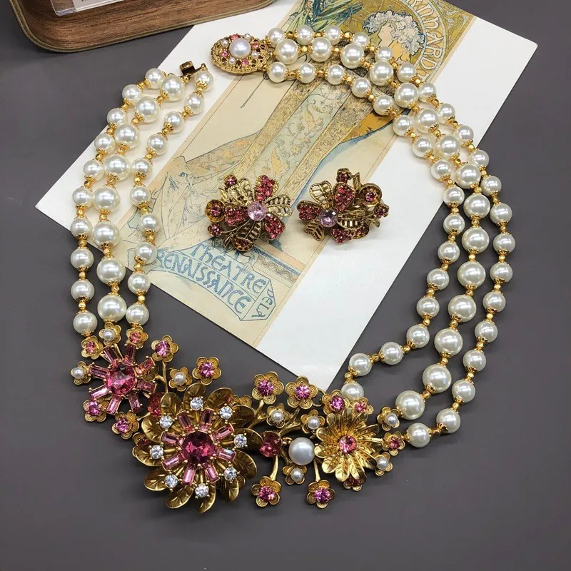 vintage temperament copper inlaid  pink diamonds multi-layered pearl three-dimensional flower necklace ear clip set for women