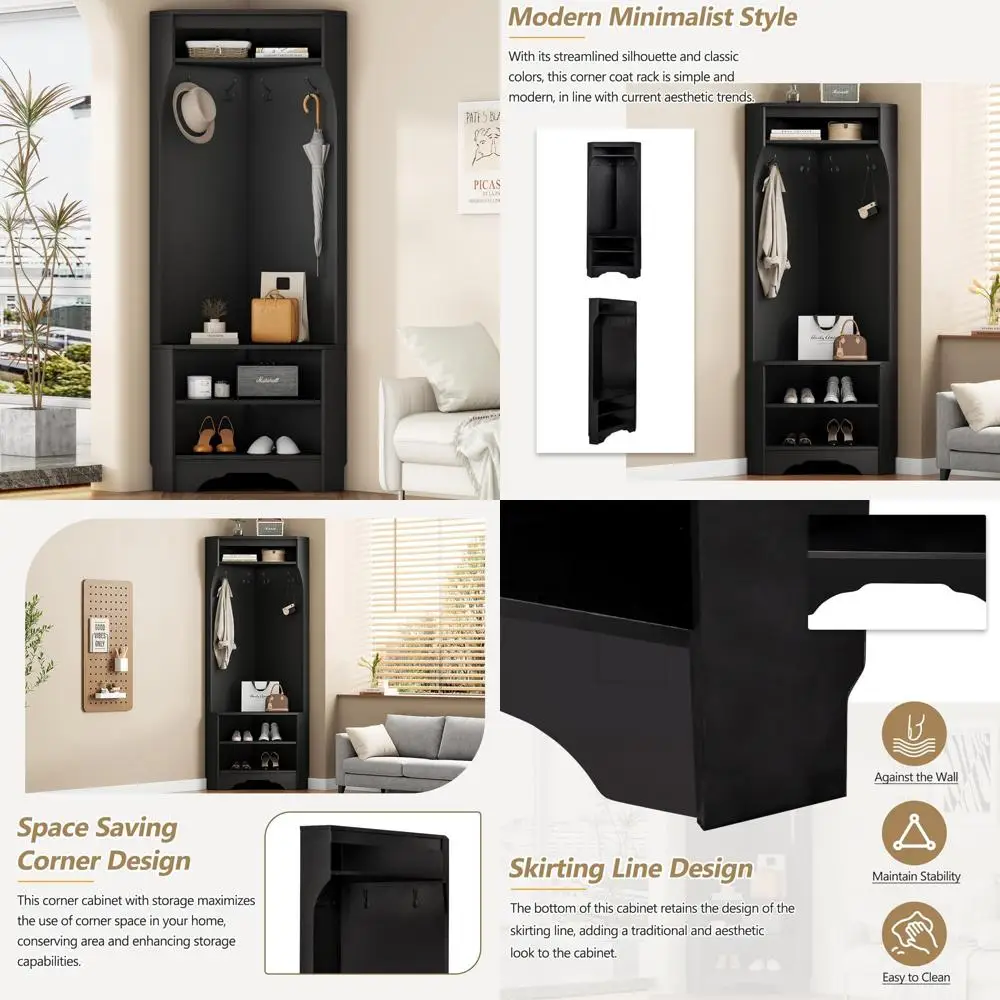 مقعد أحذية على شكل شجرة قاعة زاوية مع 4 خطافات، رف معطف متعدد الاستخدامات للمدخل، حل تخزين خزانة زاوية قابل للتعديل