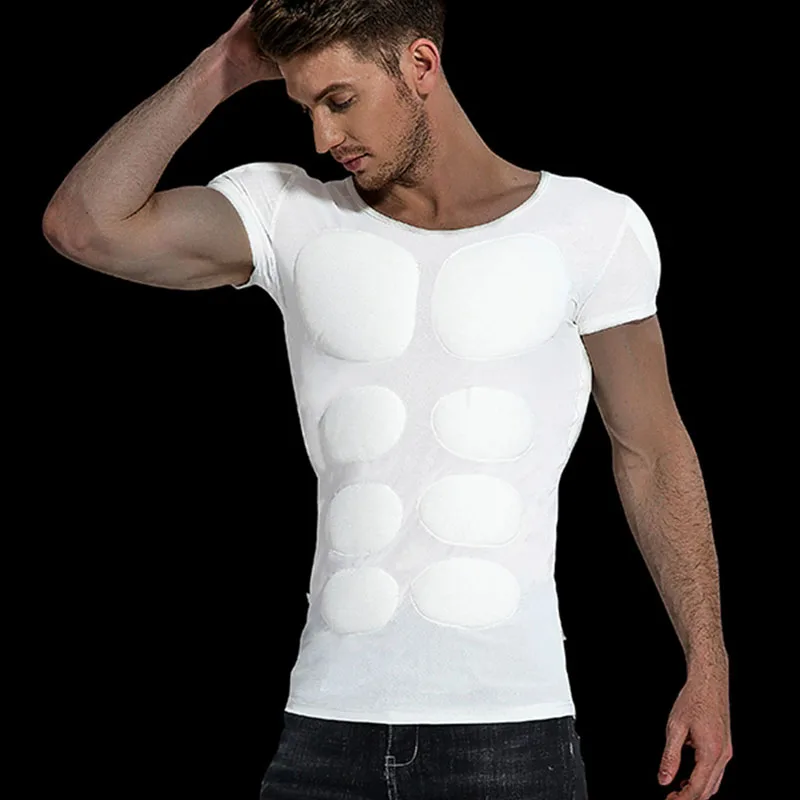 Men's Invisible Padded Muscle T-Shirt, Fake Chest & Abdominal Muscle Compression Undershirt, Adult Halloween Cosplay Party Top
