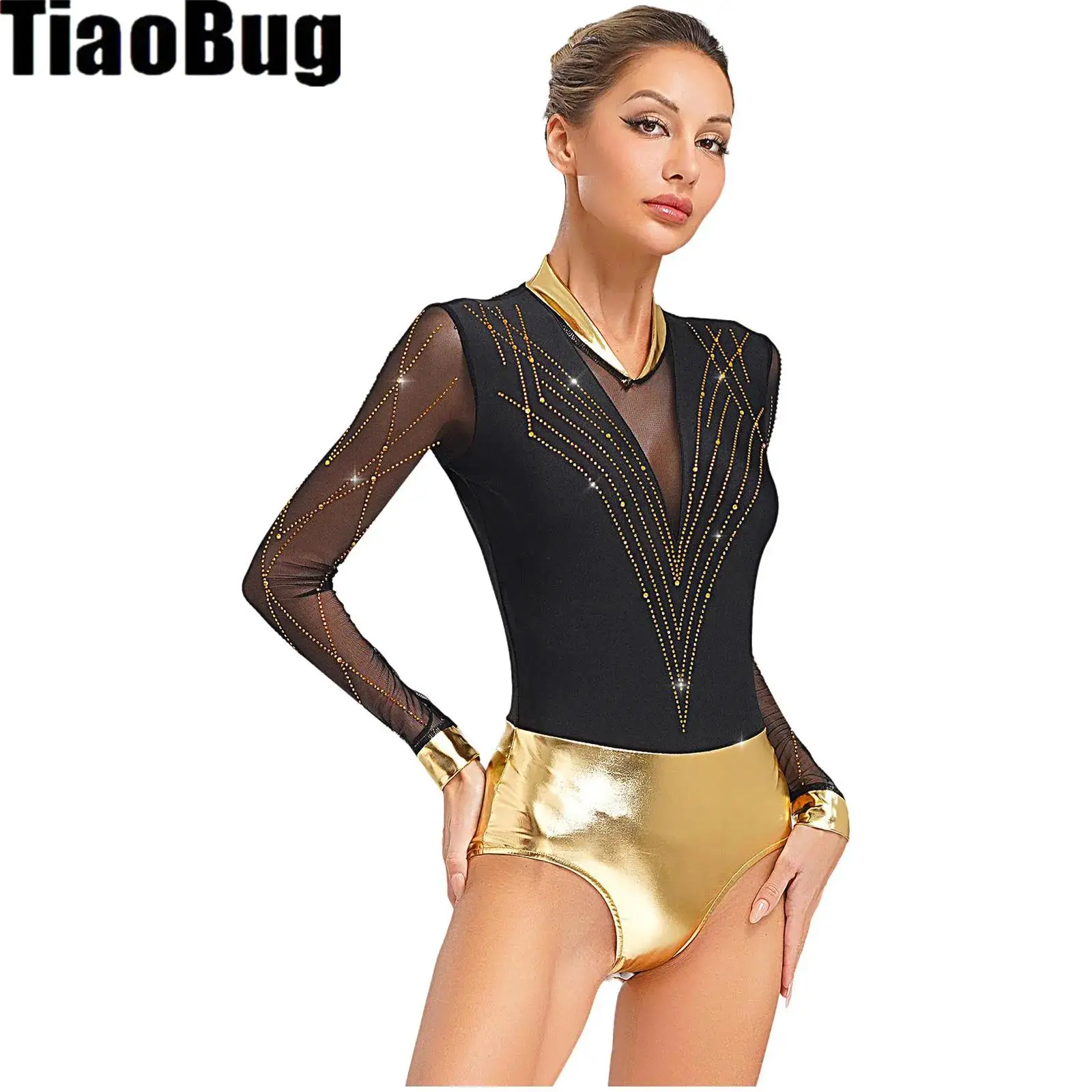 

Women Ballet Gymnastics Leotard Rhinestones Metallic Figure Skating Jumpsuit Long Sleeves Sheer Mesh Patchwork Bodysuit Unitard