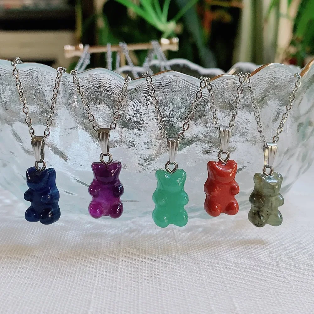 Cute Gummy Bear Necklace for Women Girl Stainless Steel Candy Color Natural Crystal Stone Bear Pendant Necklace Birthday Gifts