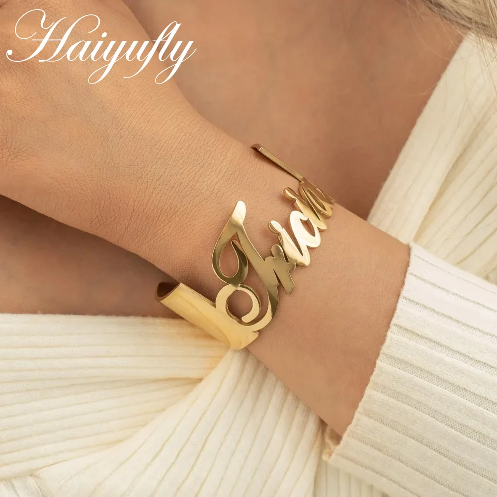 

Haiyufly 4cm Custom Name Cuff Bracelet for Women Personalized Letter Bangle Stainless Steel Adjustable Handmade Jewelry Gift