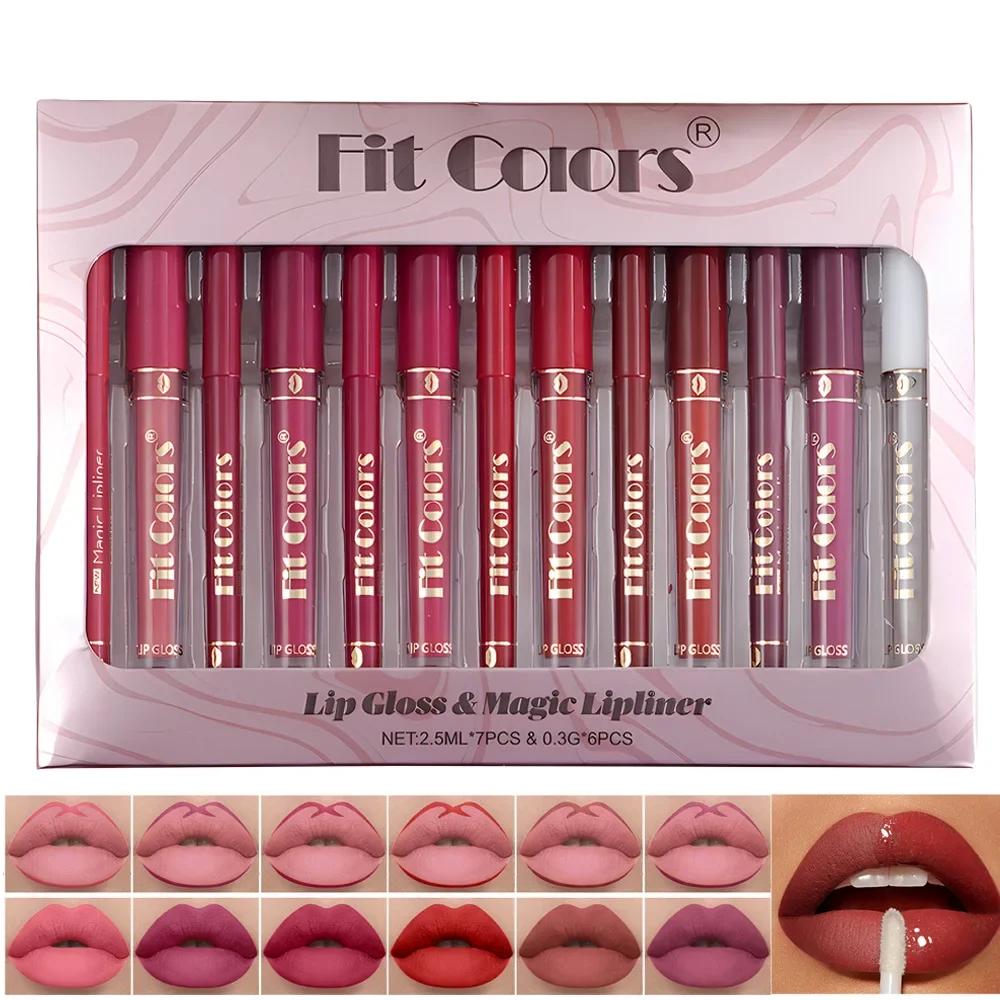 Fit Colors Lips Makeup Set Sexy Lip Gloss&Magic Lip Liner Set Matte Non-Sticky Long Lasting Waterproof Non-Stick Cup Lip Glaze