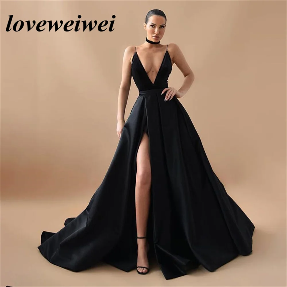 Sexy Deep V Neck Evening Dresses For Women A Line High Side Slit Prom Dress Satin Long Formal Party Gowns robes de soirée