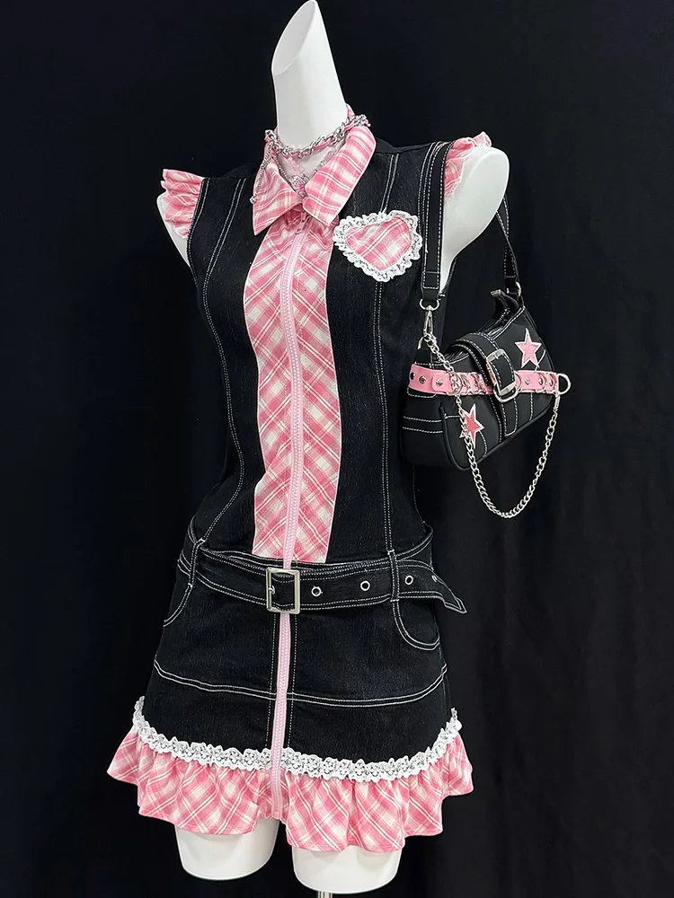 Original Retro Y2K Plaid Dr Schlankheits-Jeansrock Damen Faion Summer Ort Sve A-Linie Dr Vintage Feel