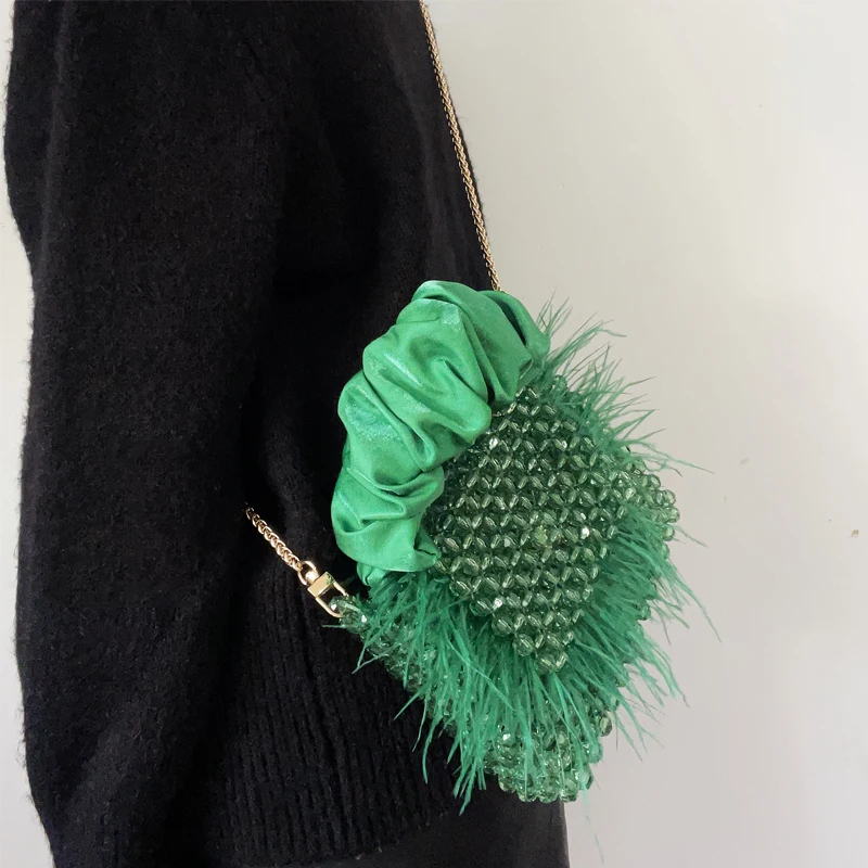 Custom Plush Green Beaded Bag Hand-woven Chain Shoulder Cross-body Bag Woman Party Purses and Handbags Luxury Designer