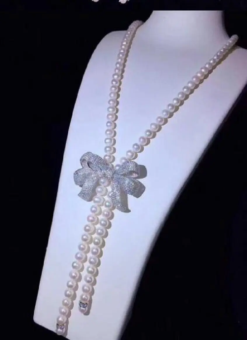 

free shipping Long bow sweater chain lapis lazuli pearl necklace bow tassel CZ Pendant 925 silver