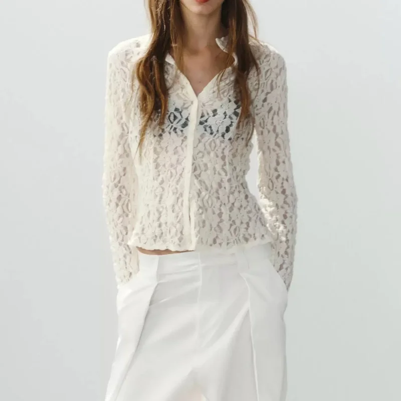 New 2026 Early Autumn Women's Long Sleeve Stand Collar Semi-Transparent Lace Button up Top Fashionable French Style Slim Fit