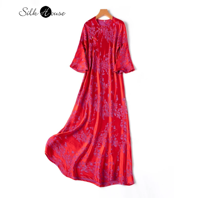 

Diagonal Cut New Chinese Style 50%Natural Mulberry Silk GuanLe Satin Relief Improvement Qipao Three Quarter Sleeve Dress