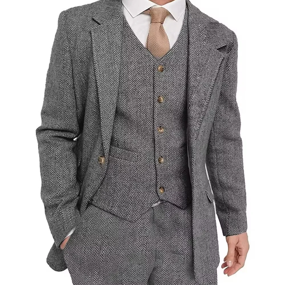 بدلة رسمية للرجال من جلد القرش البني من التويد مكونة من 3 قطع سترة للتدخين وبنطلون للأعمال وحفلات الزفاف #5