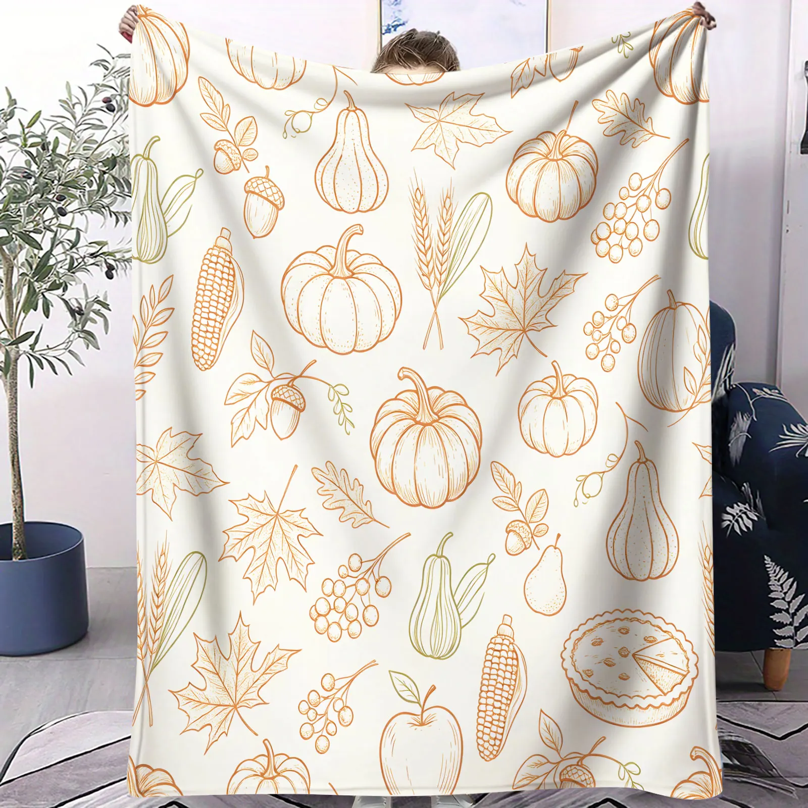 Fall Thanksgiving Flannel Throw Blanket Vintage Line Drawing Pumpkin Corn Maple Leaves Print Soft Flannel Microfiber Blanket