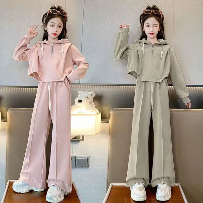 Autumn Solid Teens Girls Clothes Set Children Casual Sweatshirt Top and Wide leg pants Bottom 2 Piece Suit Kids Tracksuit