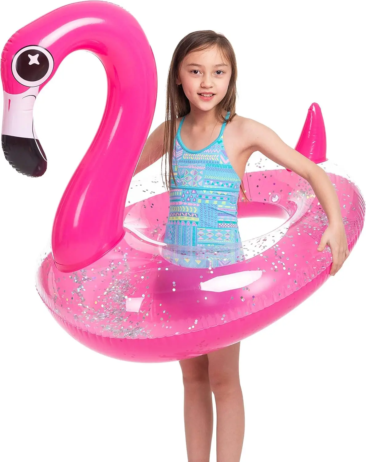 膨脹式フラミンゴプールフロート、グリッター付きフラミンゴプールチューブスイムリングフロート、大人子供用フローティングファンビーチレイクフロート