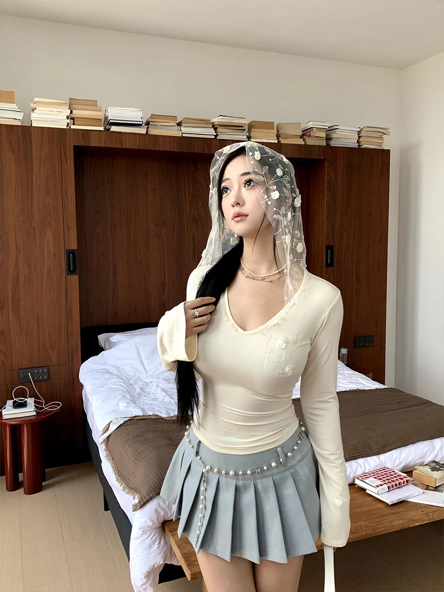 

Cherry nut Milk Ice Cr Women's Top V-ne 3D Lace Flower plus Size Hooded Bell Sve Casual Sle Knitted Sweater