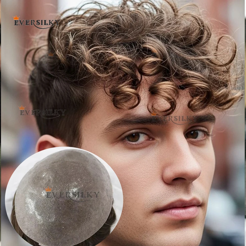 

28mm Curly V-Loop Durable 0.06mm Thin Skin Pu Base Natural Human Hair Men Toupee #18 365 520# Grey Brown Hair Replacement System