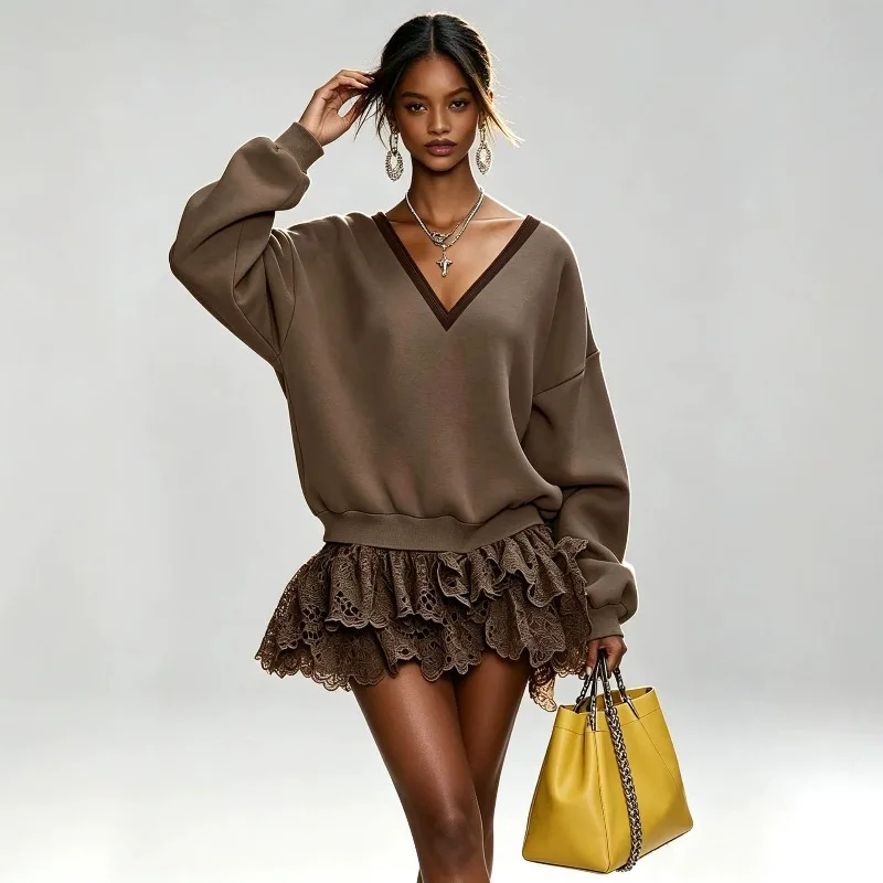 European and American Style V-neck Loose Knitted Dress Women's Autumn and Winter Lace Splicing Long-sleeved Fashion Temperament