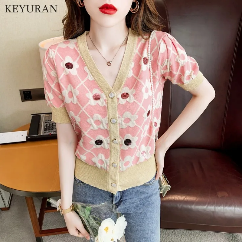 Pink Floral Knitted Cardigan Women Korean Casual V neck Summer Ruff Short Sleeve Thin Single-Breasted Knitwear Corp Tops Female