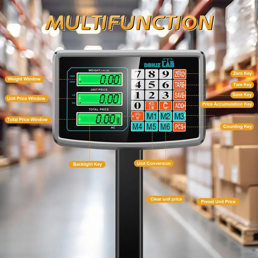 Digital Platform Scale 660LB Foldable Floor Scale DualSided LCD Display Postal Shipping Scale with KG LB Conversion, AC DC Power