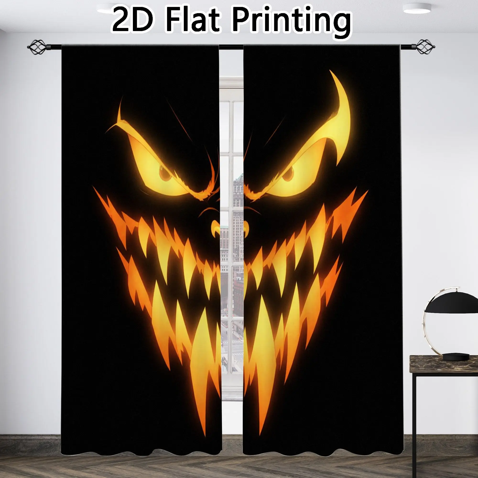 Halloween Scary Face Curtain, Glowing Pumpkin Monster Blackout Drapes, Spooky Party Window Treatment for Living Room