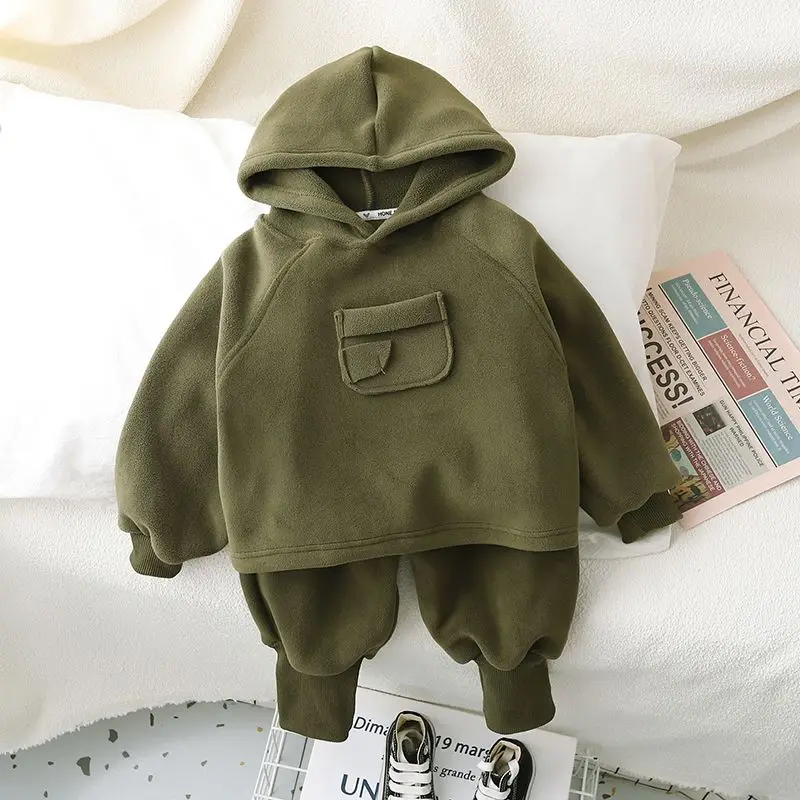 Boy's Velvet Set 12M-5Y Children's Autumn/Winter Hoodie Sweatshirt Baby Striped Sports Pants Set