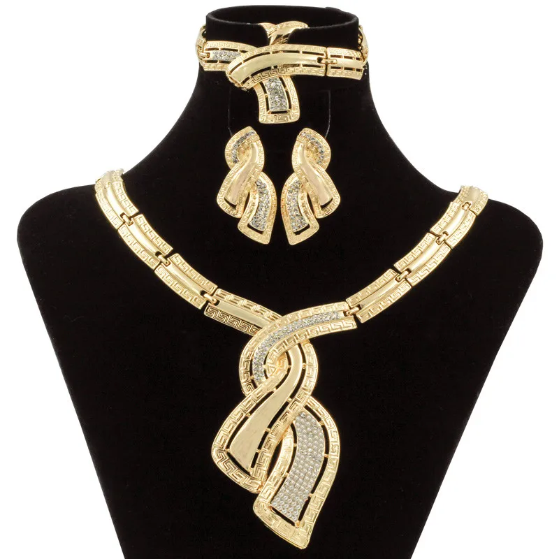 Indian Jewelry Set for Women Dubai Gold Color Jewellery Crystal Necklace Hoop Earrings Italian Bridal Jewelry Sets Wedding