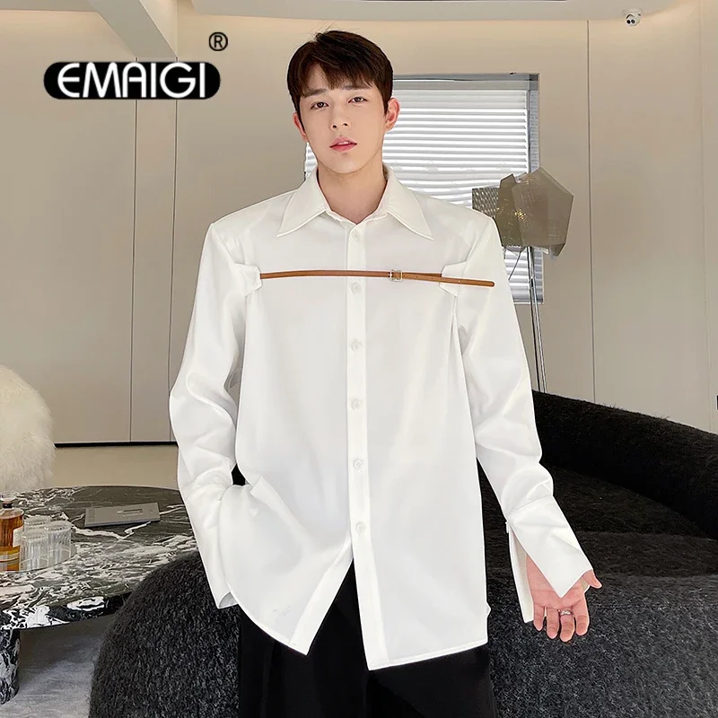

Man Leather Belt Loose Casual Long Sleeve Shirts Korean Streetwear Vintage Fashion Black White Shirt Tops Male Blouses