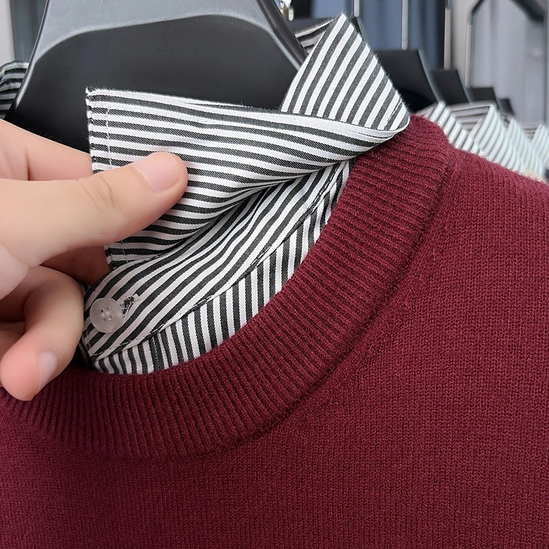 Herren O-Ausschnitt Strickpullover Herbst Winter Farbblock Zweiteiliger Look Hemdkragen Langarm-Oberteil Business Casual Herrenbekleidung – Detail 4
