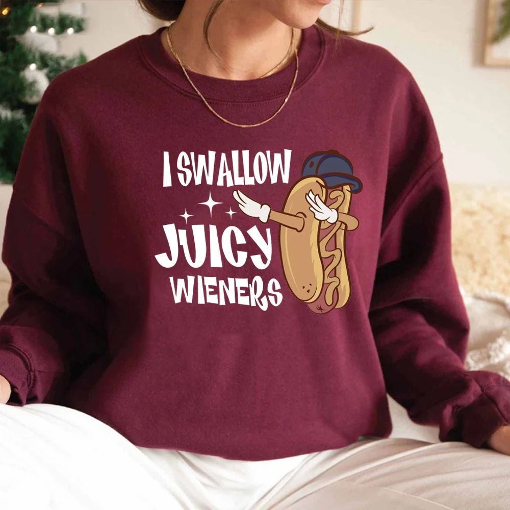 เสื้อสเวตเชิ้ต I Swallow Juicy Wieners ลายตลกๆ แปลกๆ เสื้อยืดมีมตลกๆ สำหรับผู้ชายและผู้หญิง เสื้อคอกลมแบบสวมหัว เสื้อฮู้ดดี้อารมณ์ขัน