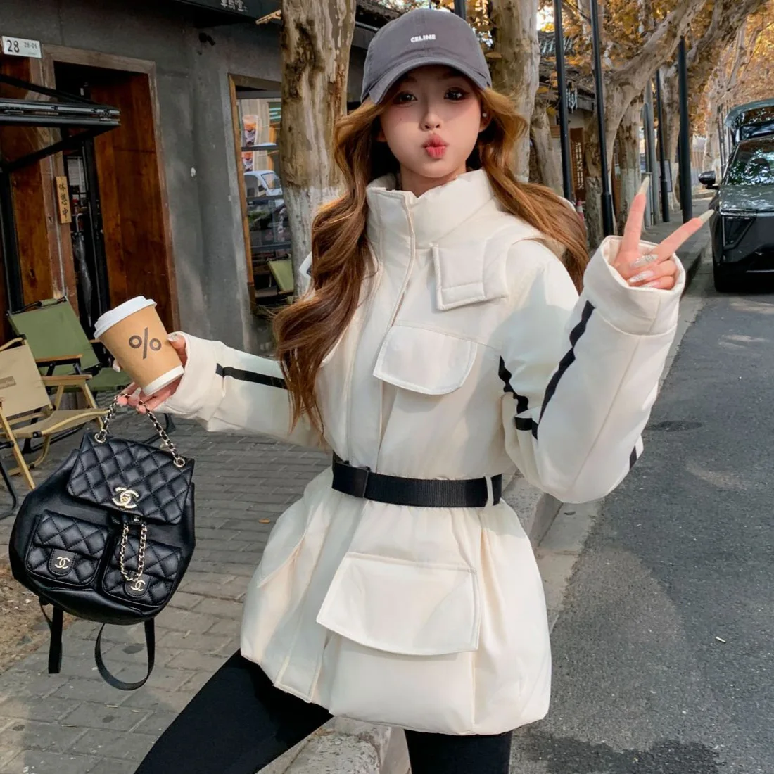 Women Mid Lenth Parkas Coats Hooded Oversize Jacket Solid Belted Waist Zip Straight Thick Office Lady Casual 2025 Autumn Winter