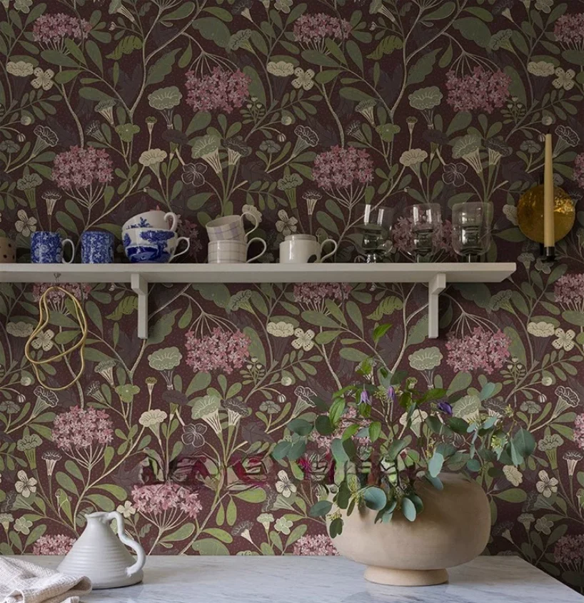 

Customized mural light French retro wallpaper living room bedroom green plants countryside studio background wall