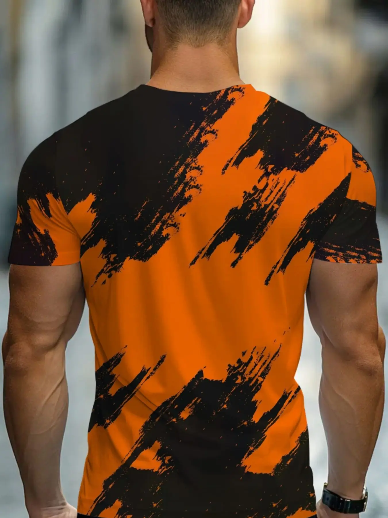 Men Short Sleeve Crew Neck T‑Shirt Orange Black Brush Stroke Abstract Graffiti Street Casual Tops