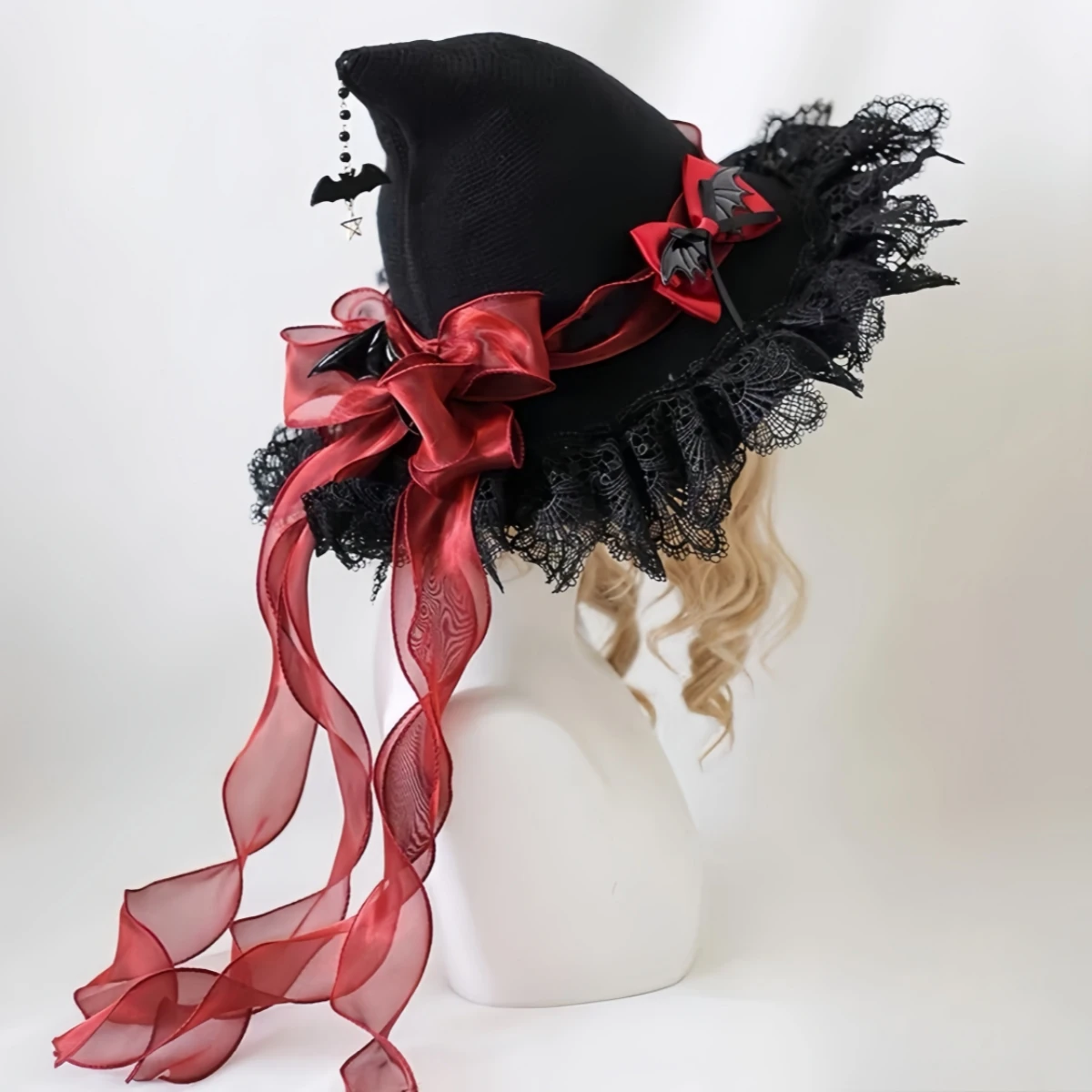 Handmade Lace Witch Pointed Hats Bandage Bow Wizard Hat Adult Gothic Lolita Cosplay Costume Accessories Halloween Party Hat
