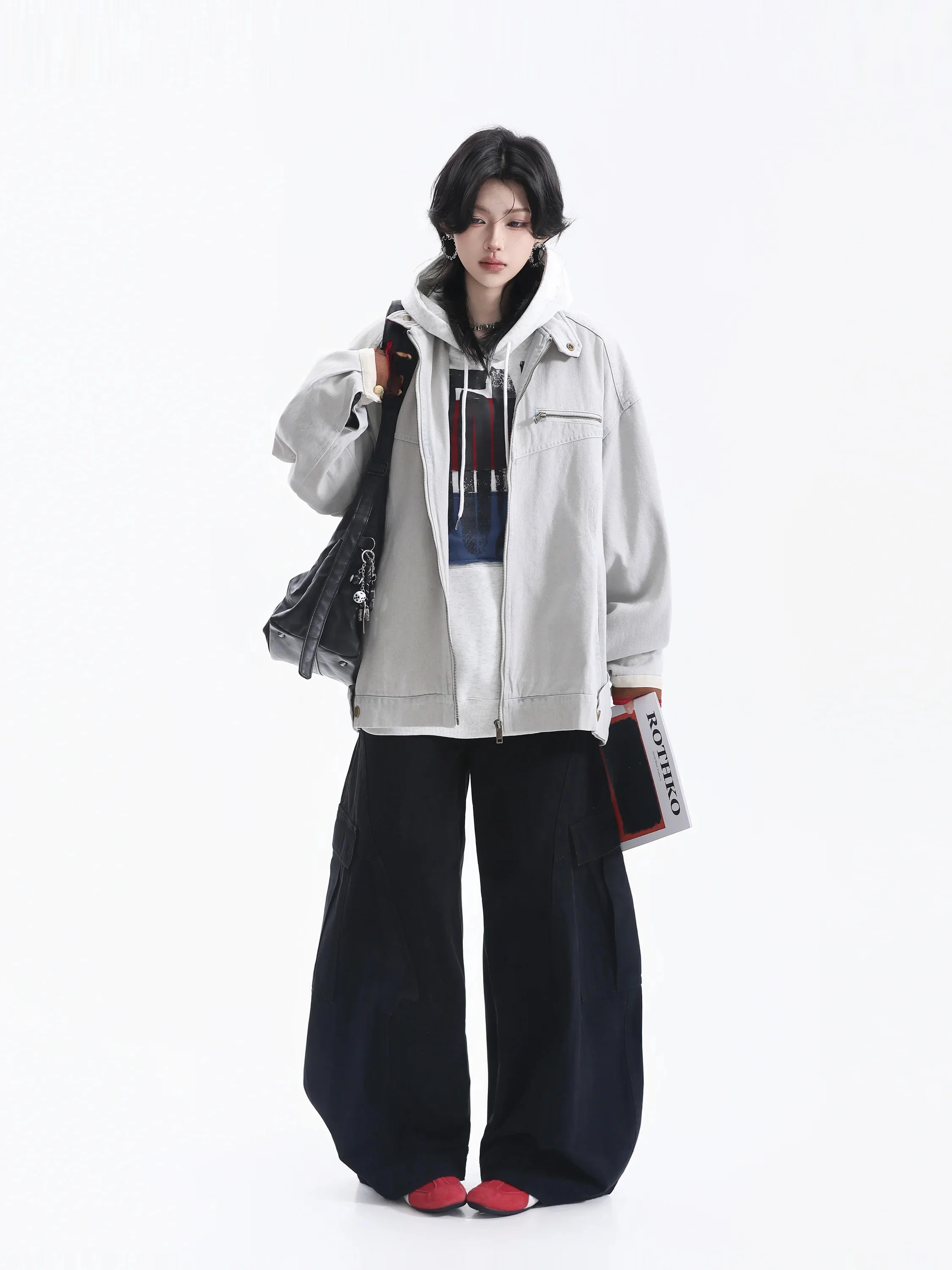American Style Spliced Color Contrast Loose Women's Denim Jacket Stand Collar Vintage Bf Style Versatile Workwear Jacket