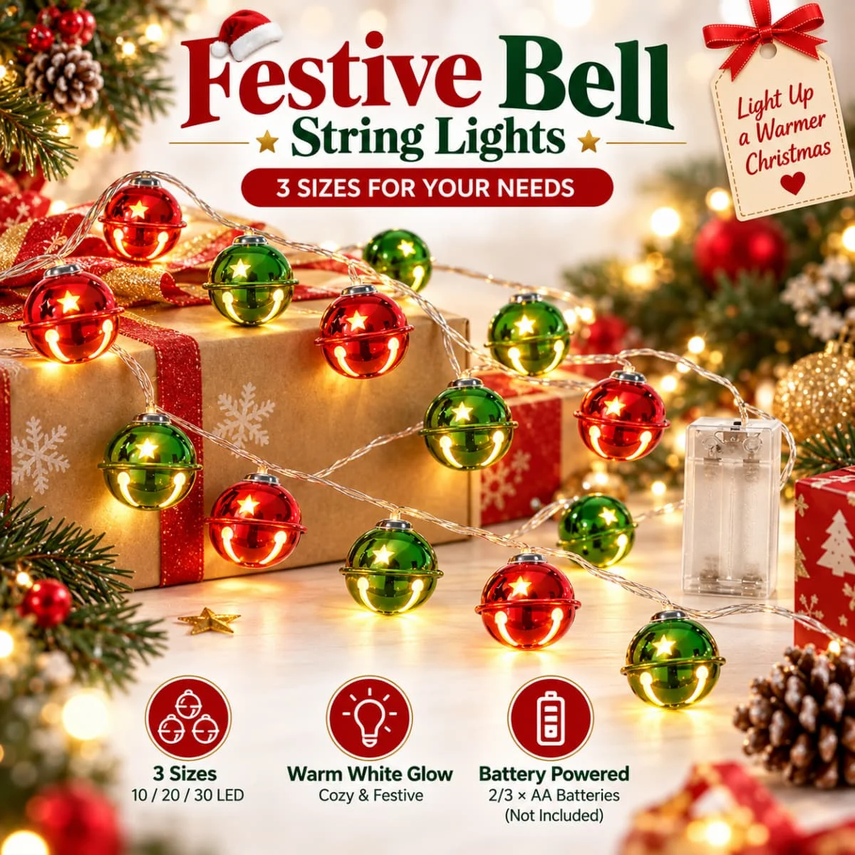 1pc 10/20 LED Xmas Red & Green Bell String Light Battery Powered Hanging Lamp For Home Holiday Party Festival Christmas Decor