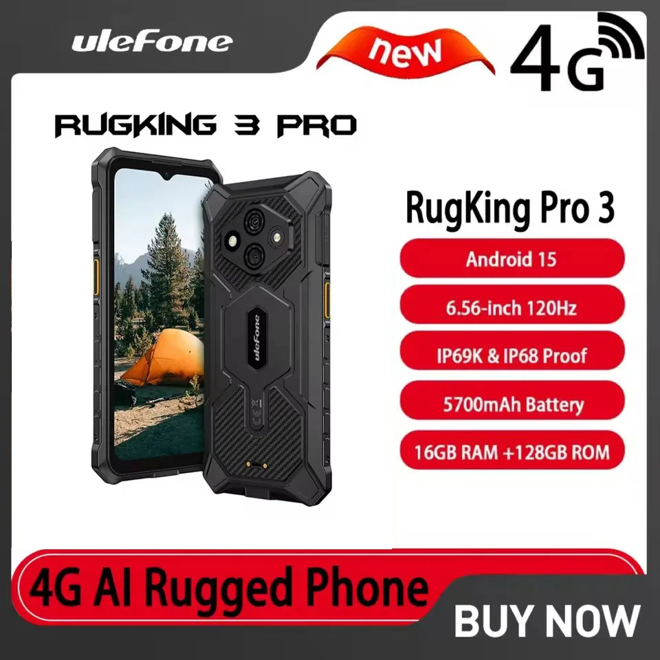 Ulefone RugKing Pro 3 Global 4G AI Rugged Phone 16GB RAM 128GB ROM NFC 6.56-inch 120Hz 5700mAh 48MP Macro Lens 2MP Android 15