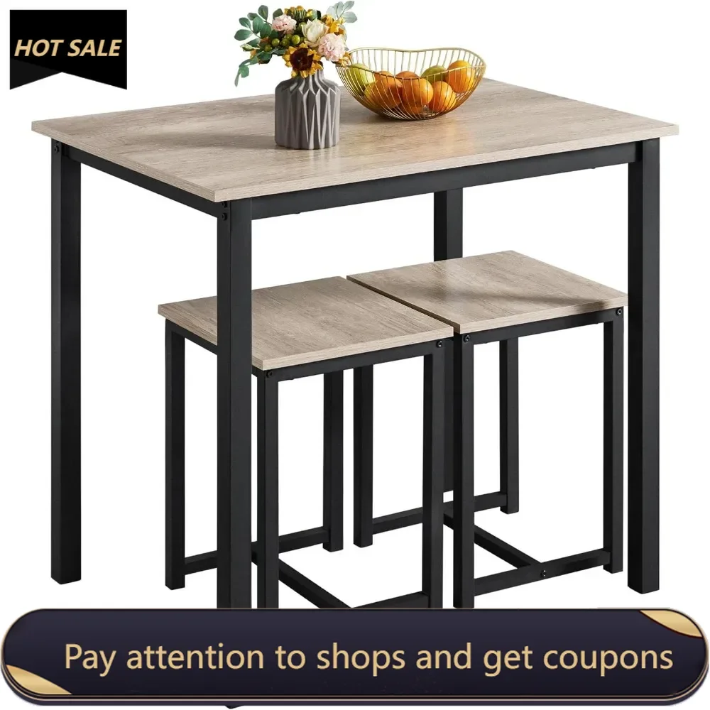 

3 Piece Dining Table Set - Kitchen Table & Chair Sets for 2 - Compact Table w/ 2 Stools & Space Saving Design , Gray