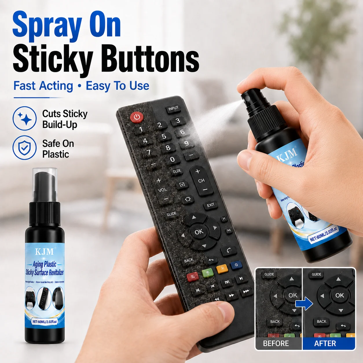KJM Sticky Plastic Cleaner Remote Control Button Surface Restorer Tacky Residue Remover For Electronics 60ml