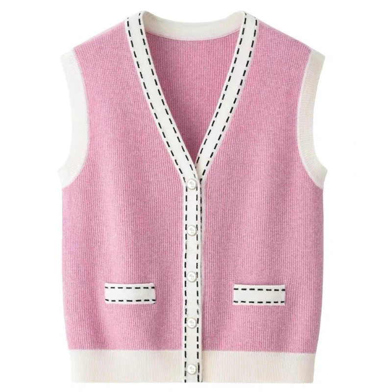 

Women Cardigans 100% Wool Sleeveless Knitted Sweater Soft Warm Outerwear Korean Fashion Single Breasted Casual Loose Cardigan