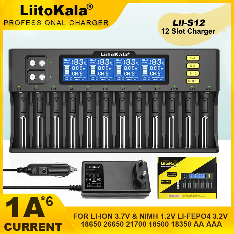 LiitoKala Lii-S12 12-Slot 18650 LCD Battery Charger For 20700 26650 21700 14500 10440 16340 1.2V 3.7V 4.2V Lion Battery