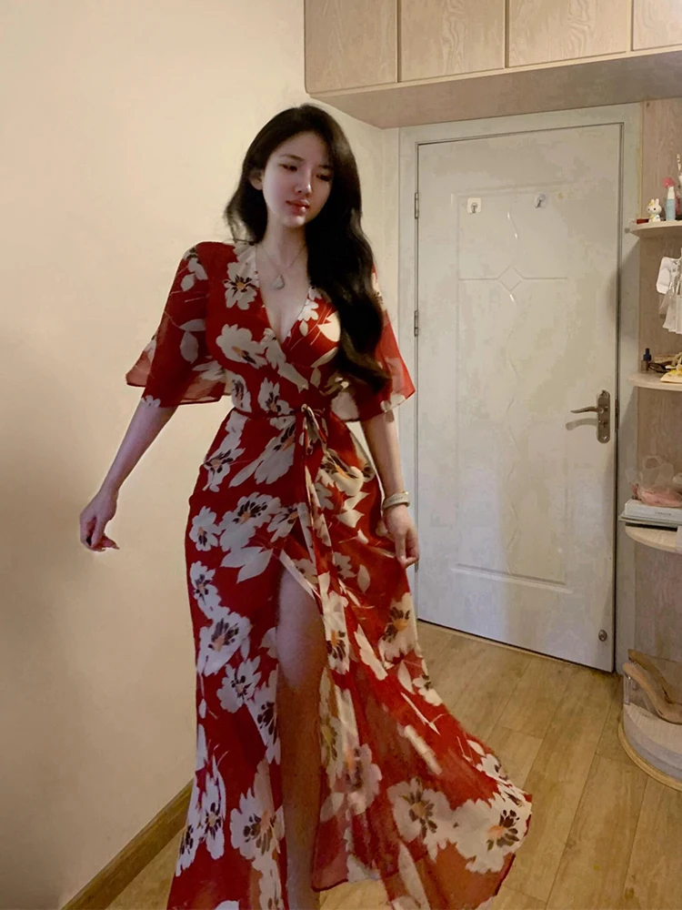 

FatmmFrench Style Versatile Red Printed Dress for Women Summer SexyvVacation Long Dress