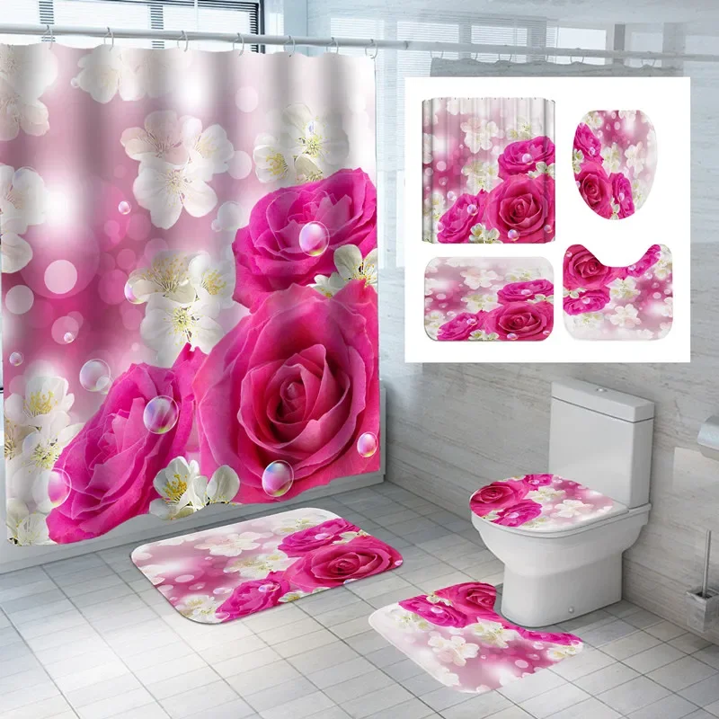 Golden Rose Shower Curtain Flowers Bathroom Curtain For Valentine\'s Day Bathtub Decor Waterproof Rose Bath Curtains With Hooks