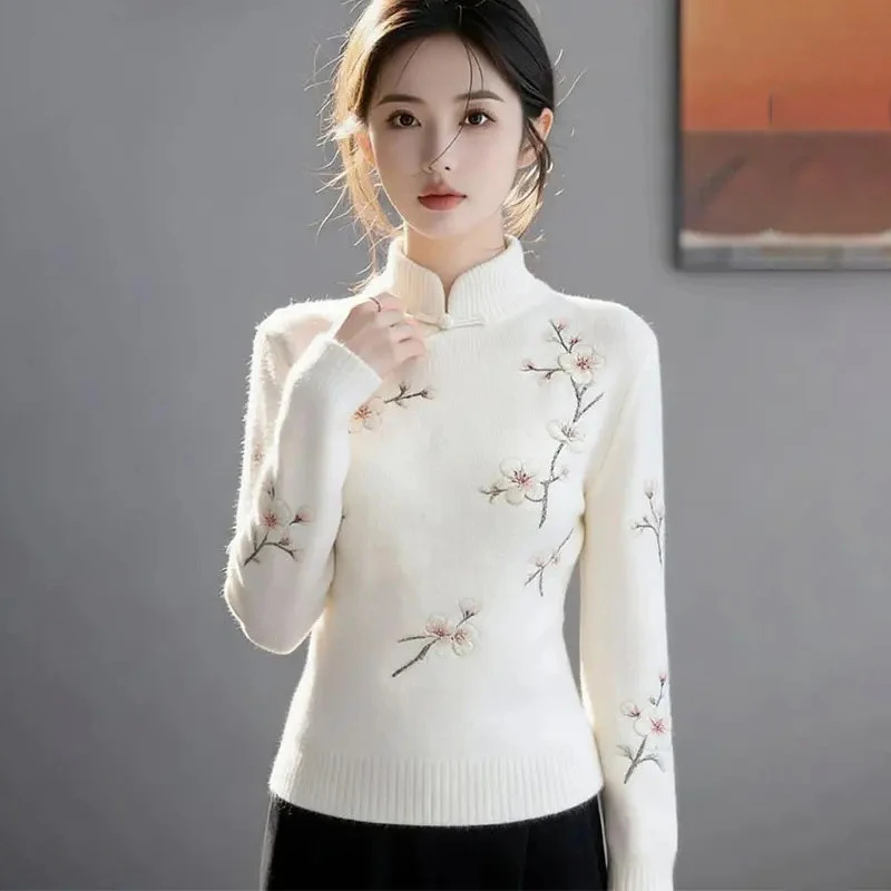 Vintage Chinese Frog Button Stand Collar Knit Sweater Women Plum Blossom Embroidery Slim Long‑Sleeve Oriental Winter Jumper
