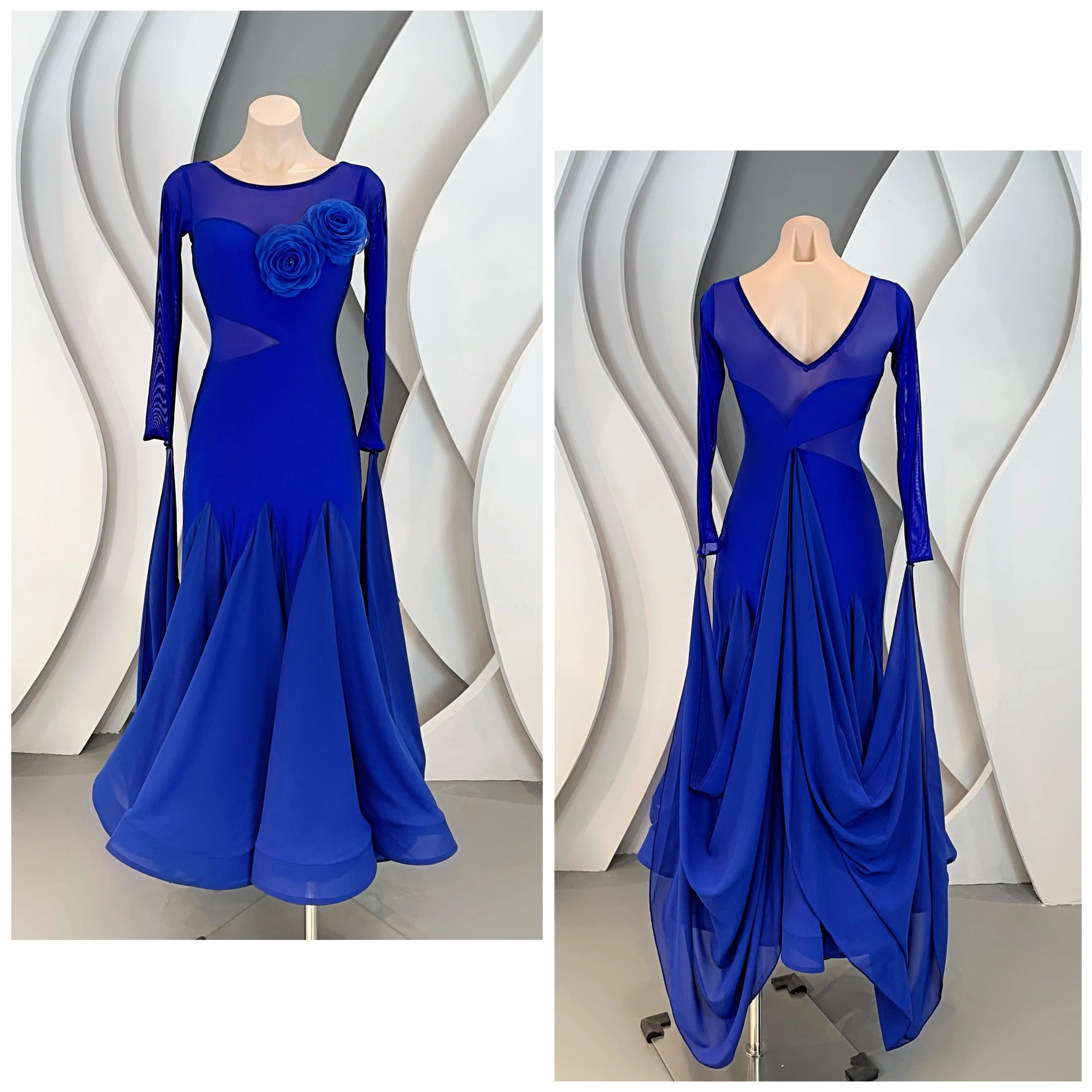 Female Ballroom Dance Competition Dress Blue Long Sleeve Standard Dance Stage Costume Tango Waltz Performance Clothes YS4809