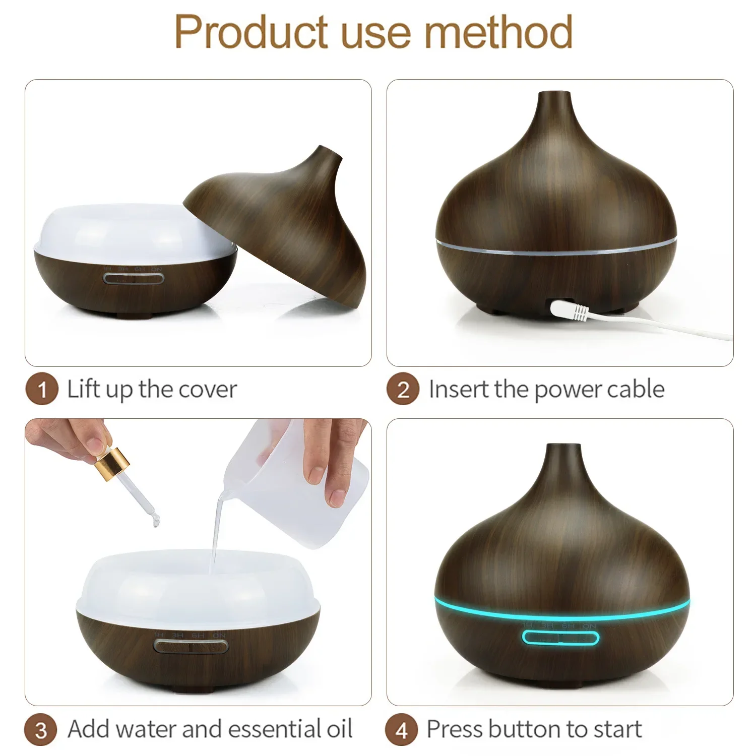 Humidificador de aire de 500ml, difusor de aceites esenciales de aromaterapia, grano de madera, Control remoto ultrasónico, luces de 7 colores para el hogar y el dormitorio